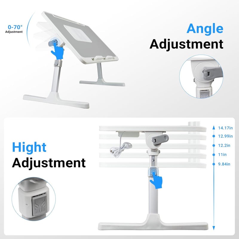 XTRA Laptop Lap Desk with Cooling Fan - Adjustable with Light, USB, Storage Drawer - Folding Bed Desk,22.04"*12.59",Grey - Image 2